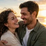 Smiling couple holding each other close at golden sunset on a beach