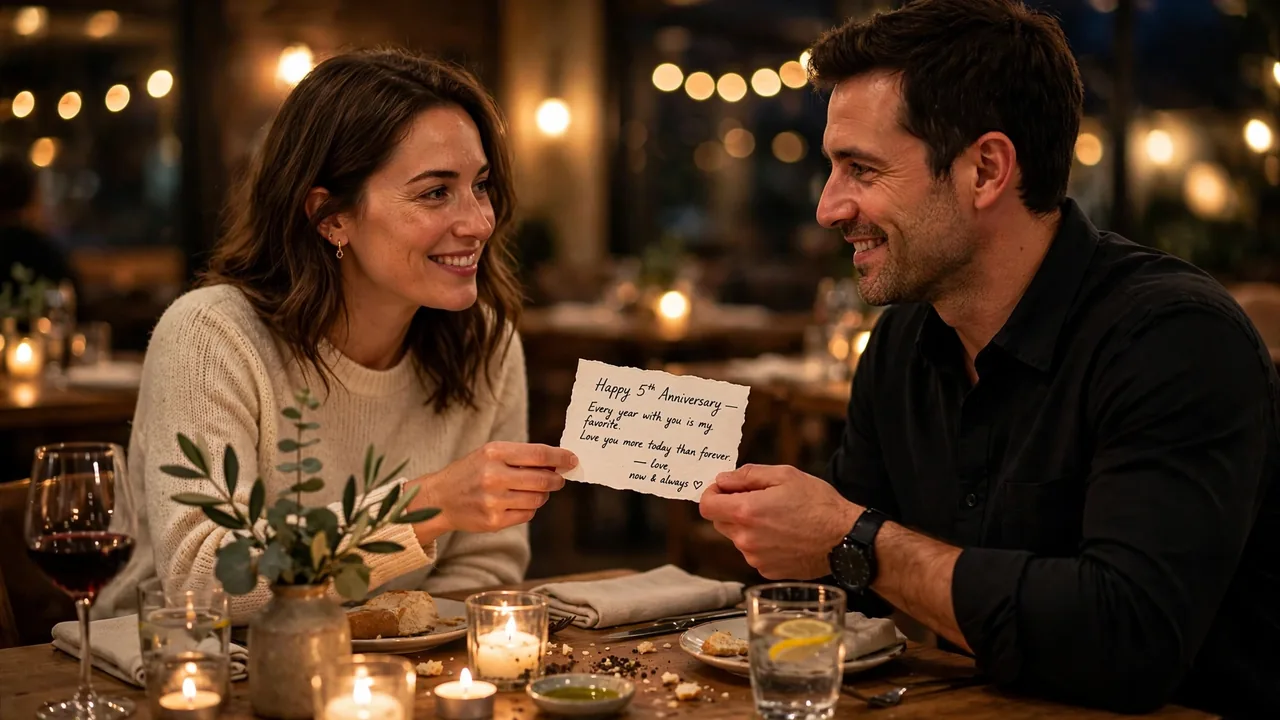 Couple exchanging handwritten anniversary card at dinner