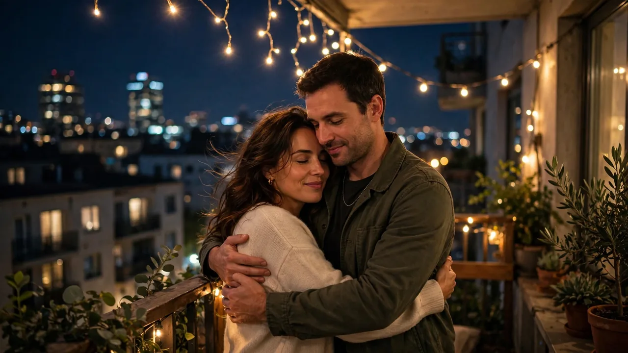 Couple embracing under fairy lights on balcony