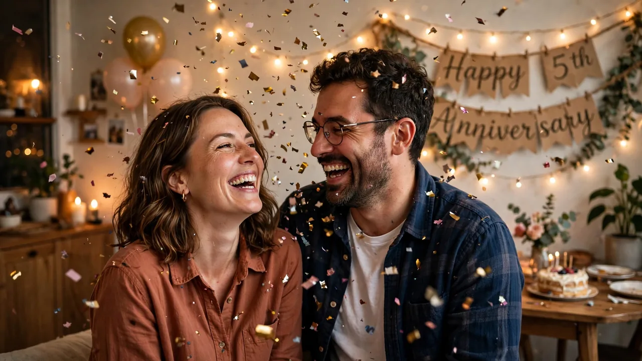Laughing couple with confetti at home party