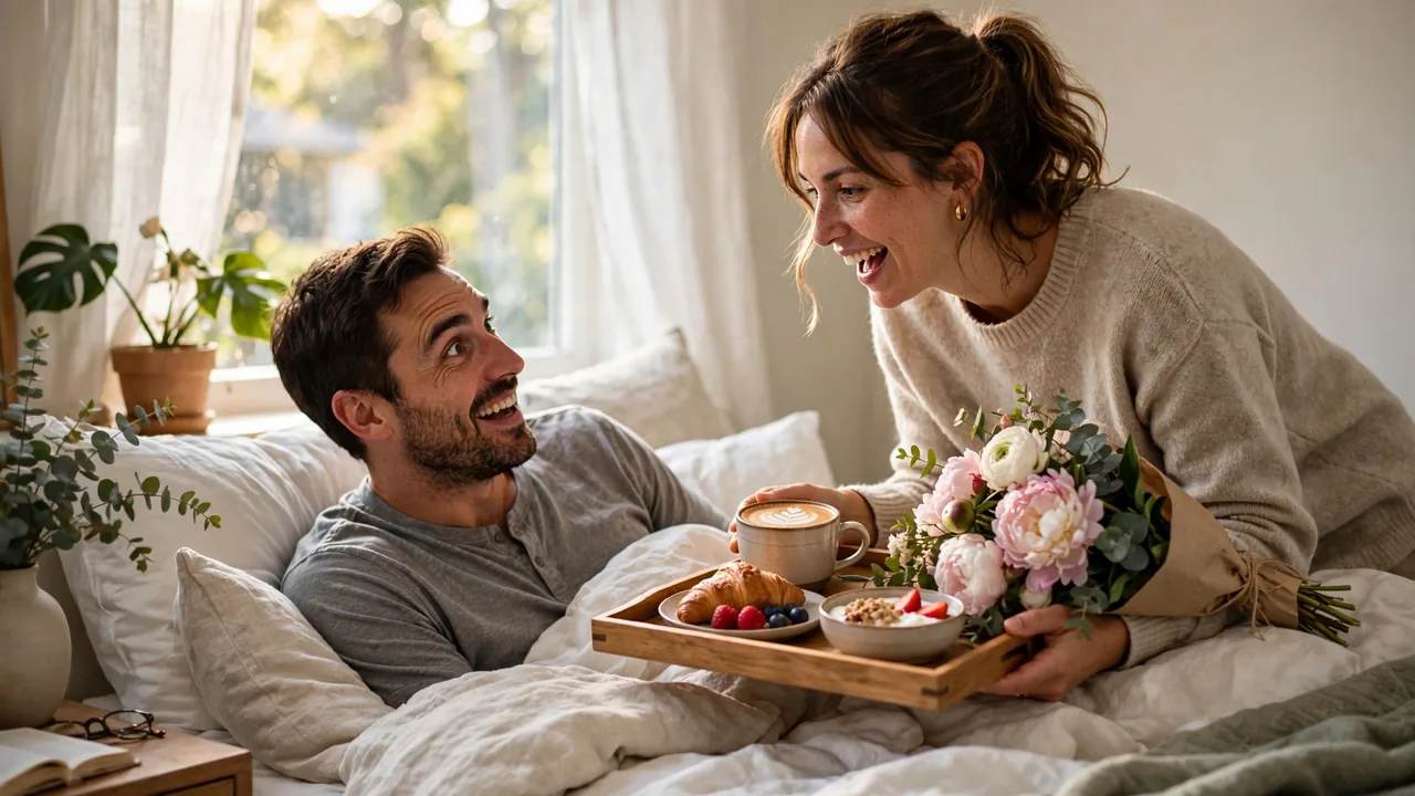 Woman surprising husband with breakfast in bed