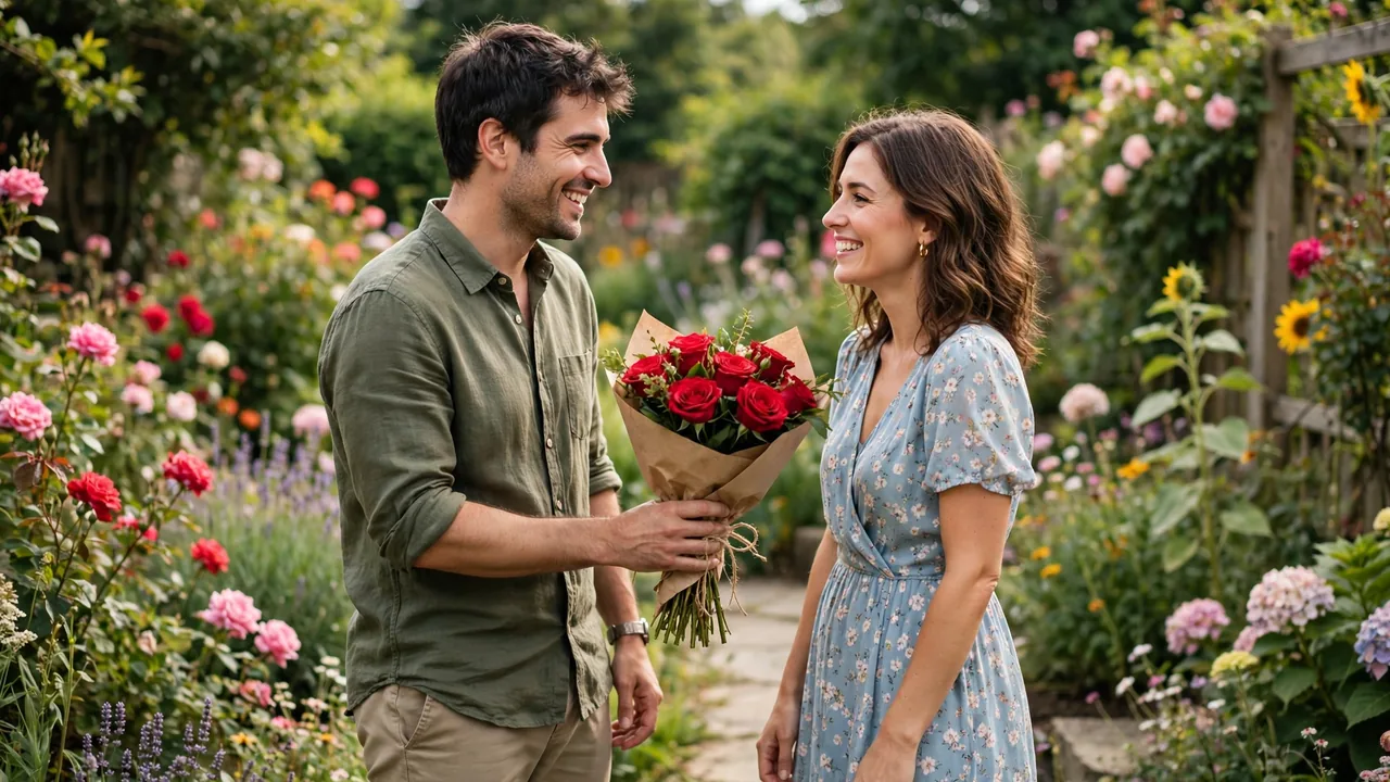 Man presenting rose bouquet to wife in garden