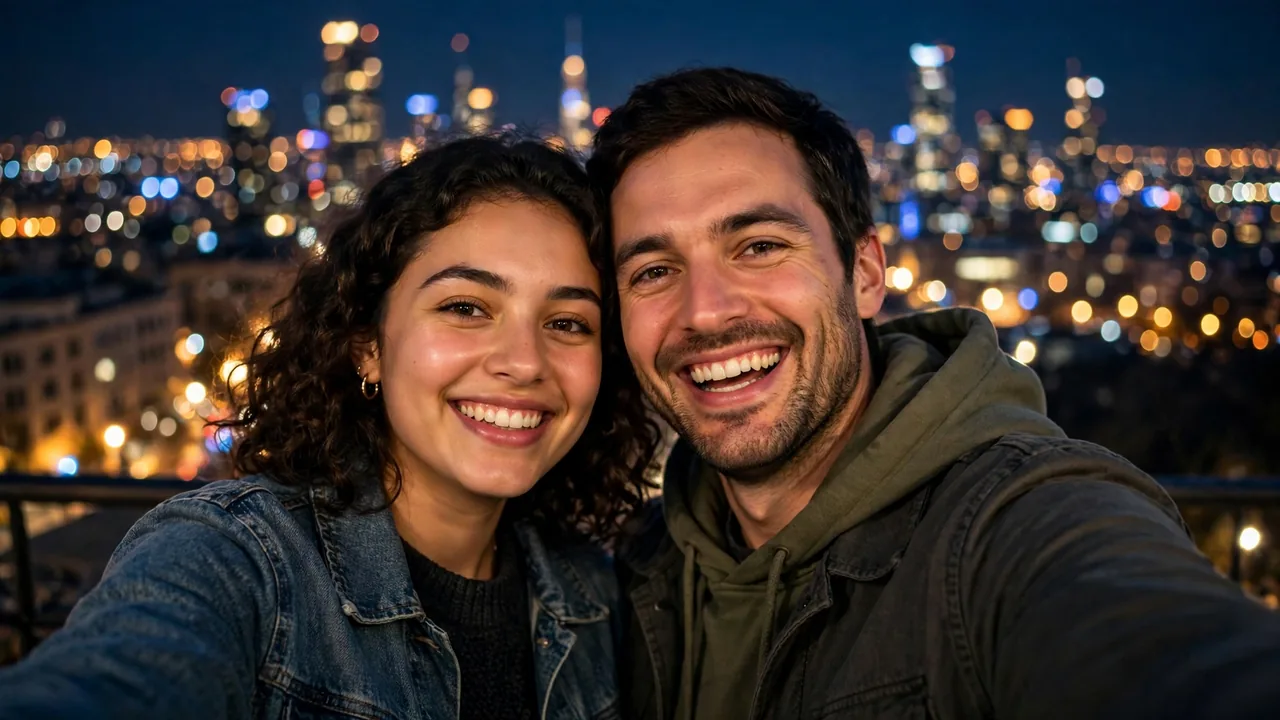 Cheerful couple selfie with city lights