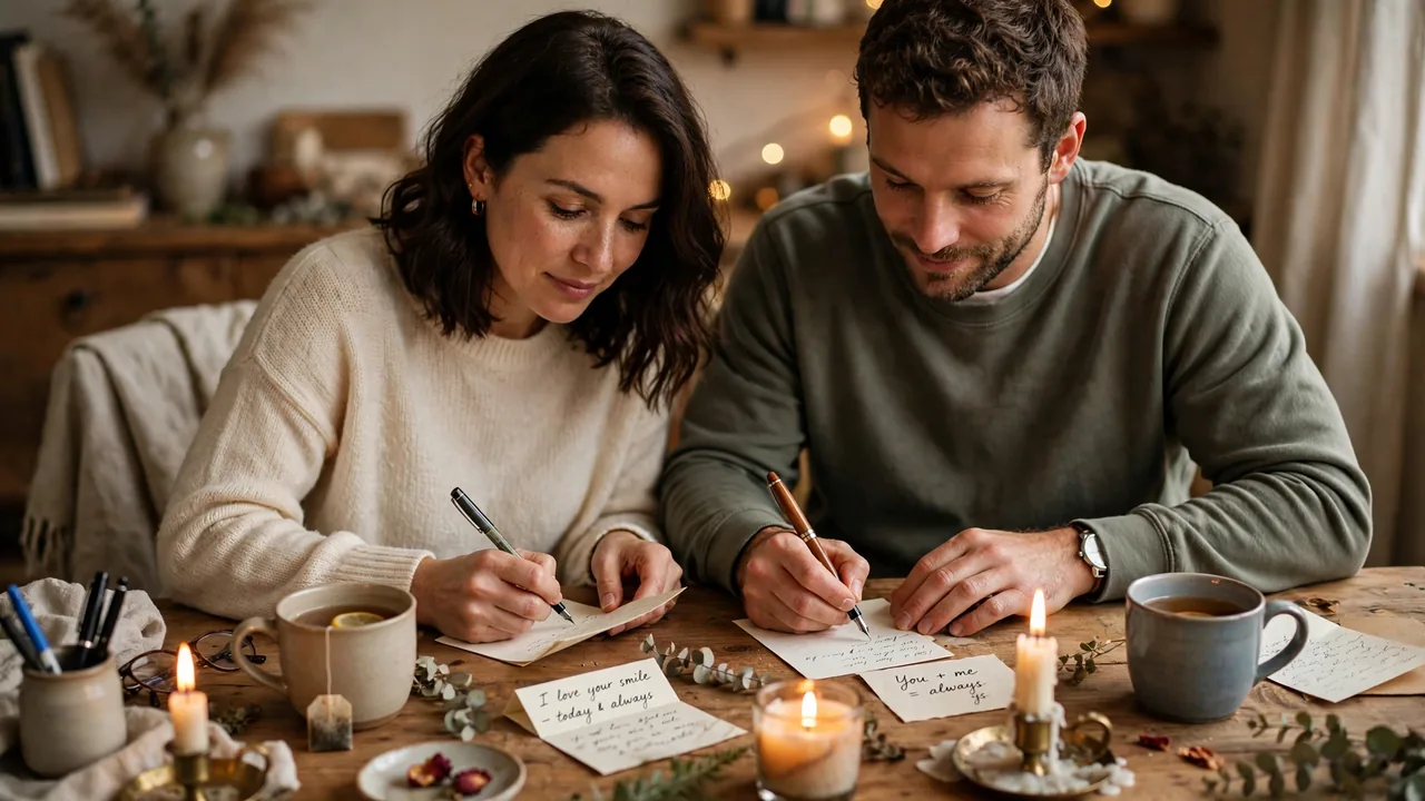 Couple writing love notes at cozy desk