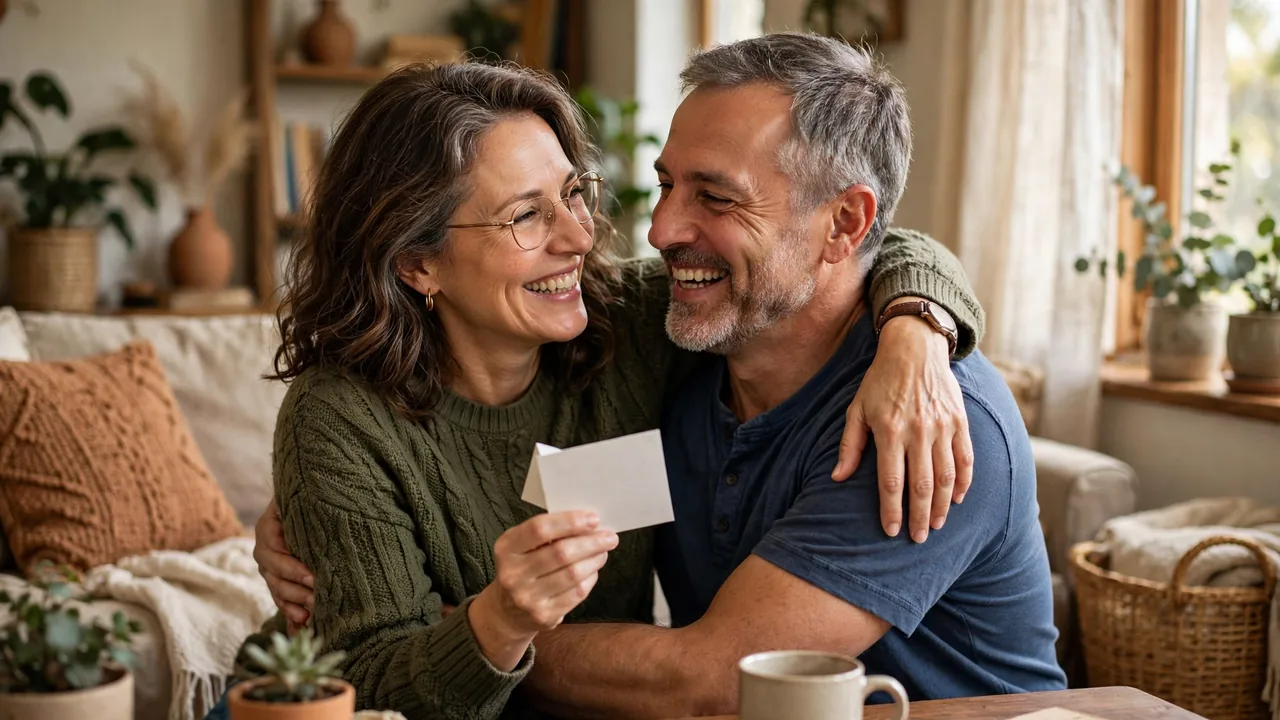 Smiling couple embracing warmly at home holding a thank-you card in soft daylight