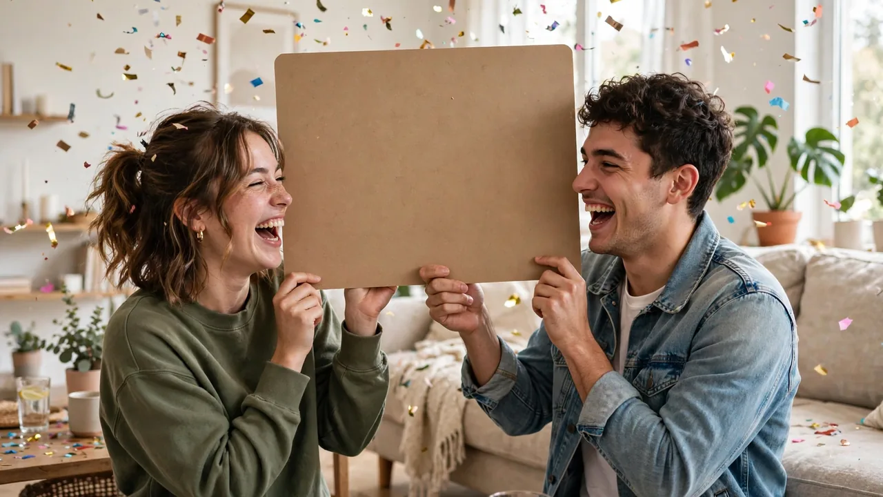 Young couple laughing and holding a giant thank-you card with confetti indoors