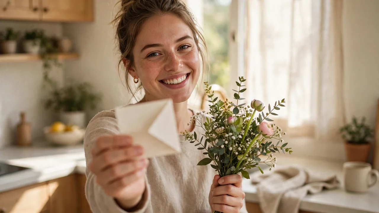 Smiling woman in sunny kitchen holding a thank-you note and fresh flowers