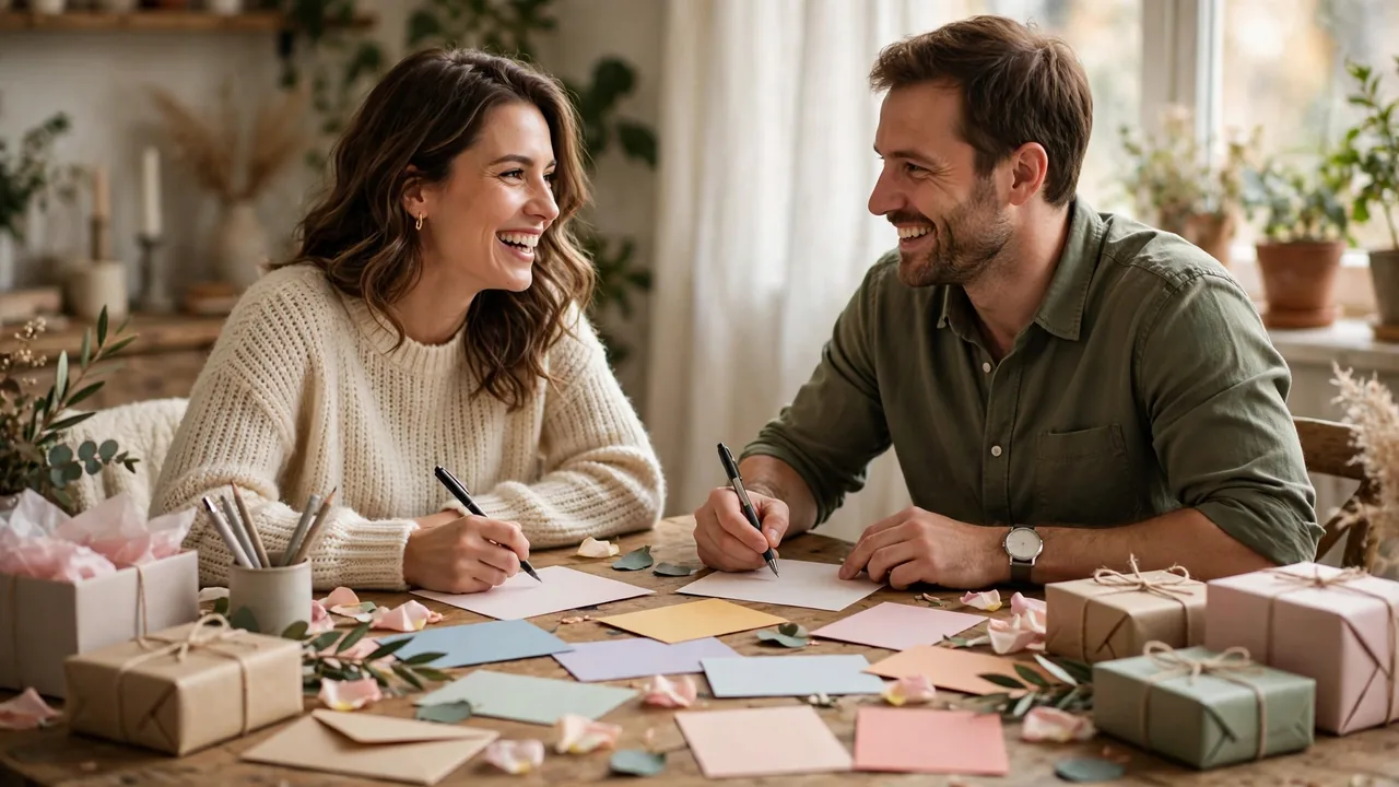 Happy couple writing thank-you cards together at a table with gifts and petals