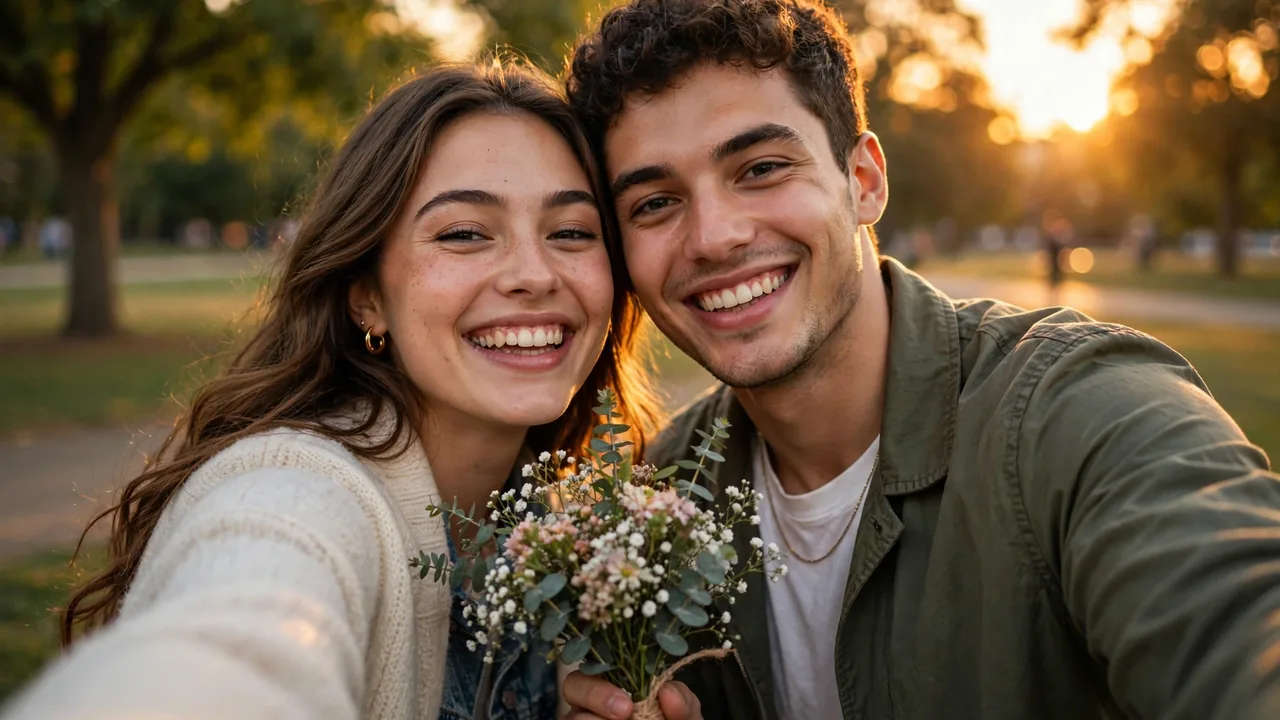 Stylish couple taking a cheerful selfie with flowers in a park at golden hour