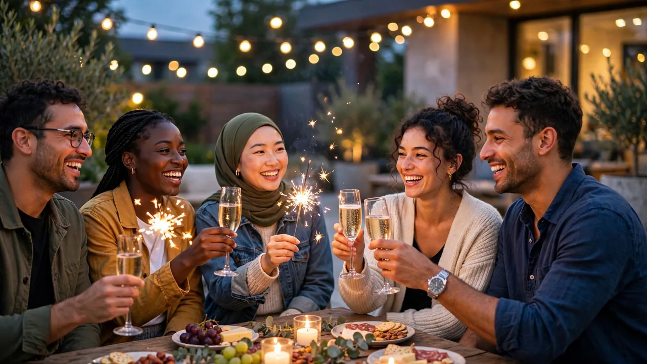 Friends and couple toasting with sparkling drinks at a festive thank-you party
