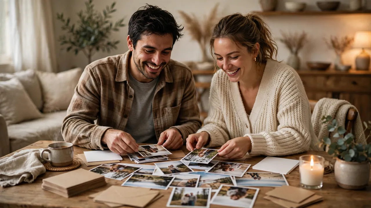 Smiling couple arranging printed thank-you cards and photos on a cozy table