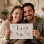 Smiling couple holding a Thank You card together