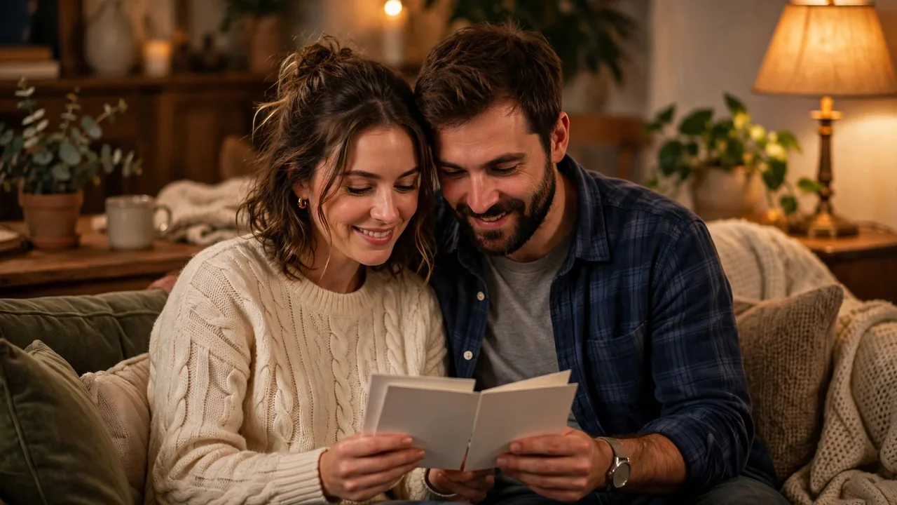Couple reading anniversary greeting cards on couch