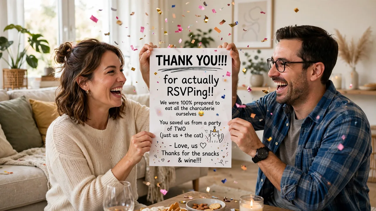 Laughing couple holding funny thank-you meme printout