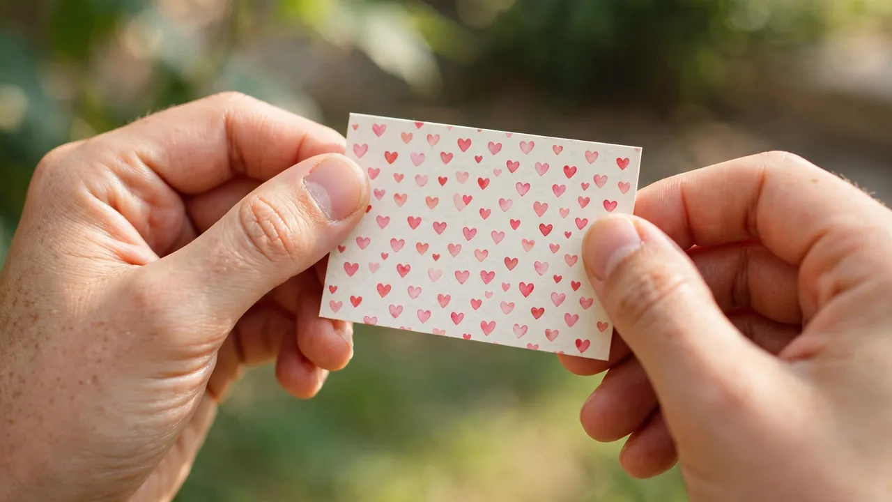 Hands holding thank-you card with tiny hearts