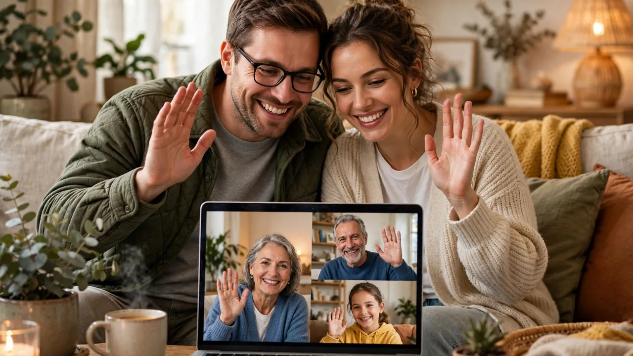 Couple waving thanks on video call with family