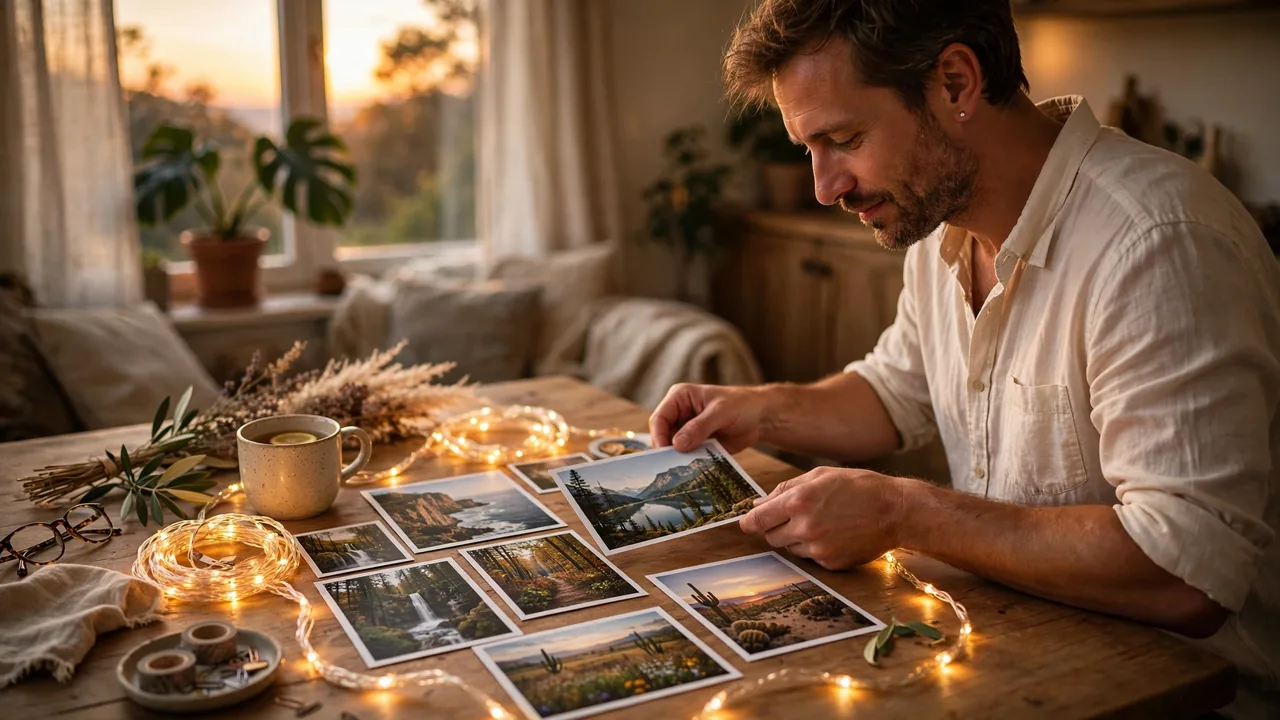 Person arranging thank-you photos with fairy lights
