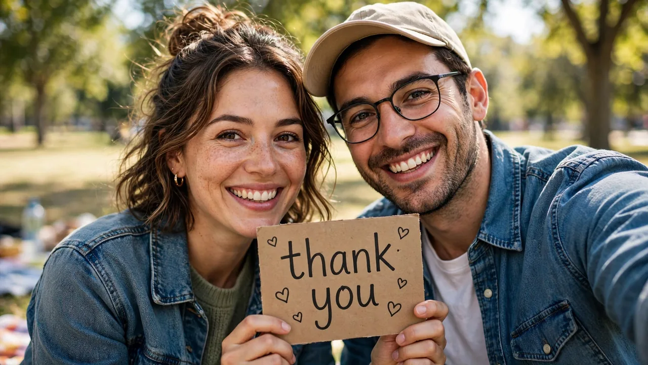 Cheerful couple selfie holding thank-you sign