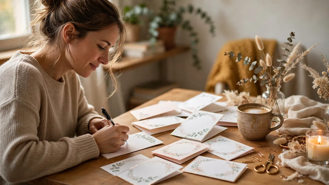 Person writing thank-you notes at warm desk